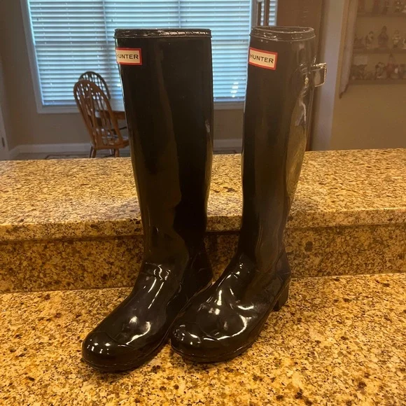 Hunter Rainboots Original Tall Gloss Rain Boot Wellies women's sz 8 Black - Picture 3 of 13